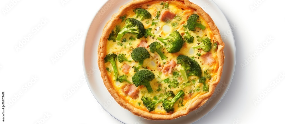 Poster a homemade quiche tart made with red fish and broccoli presented from a top view on a white backgrou