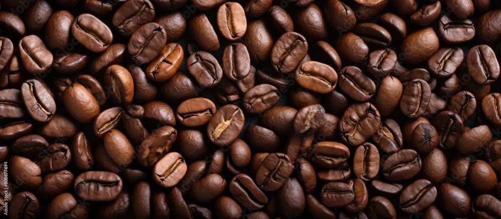 Poster top view of a background with a textured image of roasted coffee beans creating a copy space image