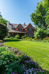 Beautiful manicured lawn and flowerbed with shrubs in sunshine residential house