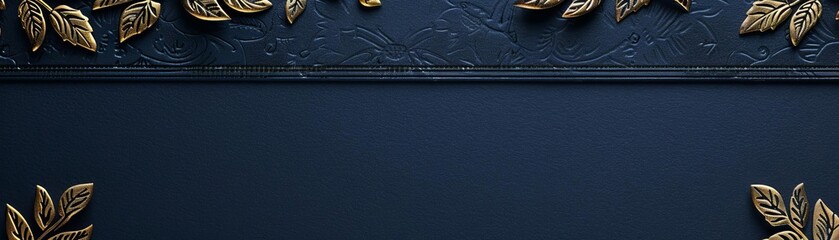 Create a seamless pattern with a dark blue background and gold leaves and vines