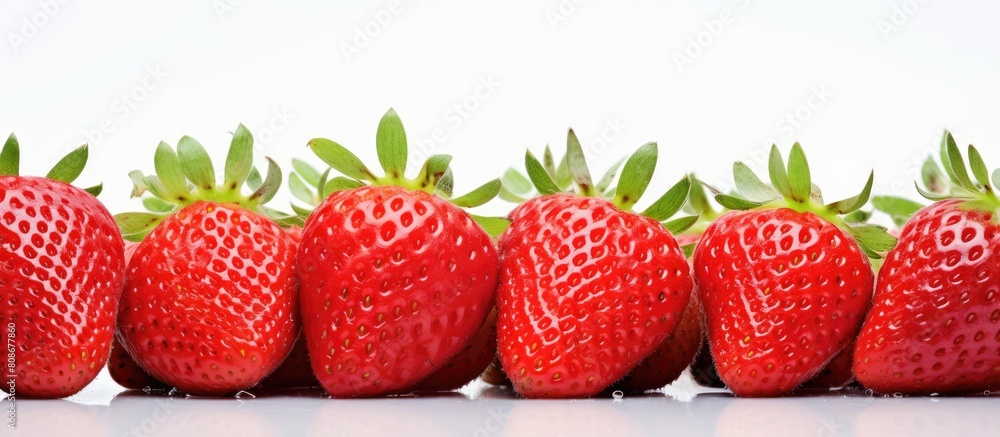 Poster a macro close up of fresh strawberries isolated on a white background with ample space for copying o