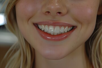 Obraz premium Close-Up of Smiling Young Woman Showing Braces and Freckles