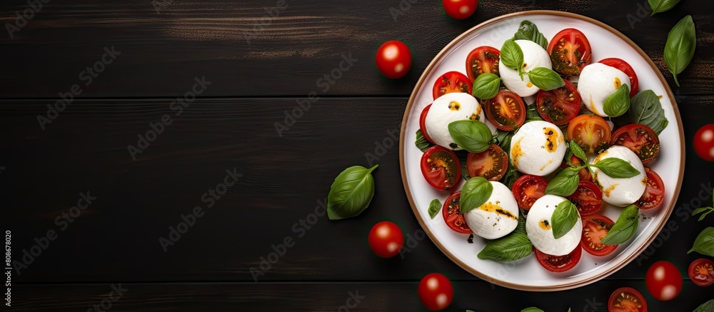 Poster top view of a plate on the table with a caprese salad consisting of basil leaves mozzarella and toma