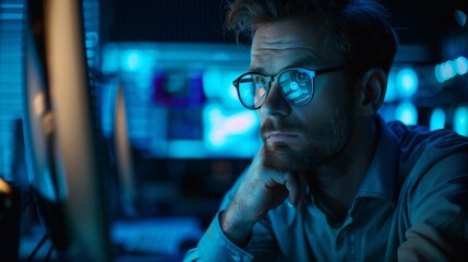 A worker looking thoughtfully at a computer screen, showcasing their analytical mind and problem-solving prowess