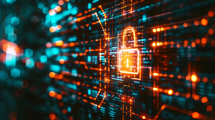 Obraz premium A digital representation of cybersecurity with a glowing padlock icon on a circuit-like background, symbolizing data protection.