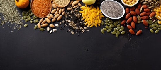 A variety of nutritious seeds such as sunflower pumpkin sesame and golden flax are scattered on a grey slate surface creating a visually appealing image suitable for healthy lifestyle gourmets - Powered by Adobe