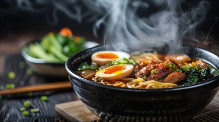 A steaming bowl of ramen with rich broth, noodles, meat, and a soft-boiled egg 