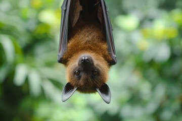 Agile Bat hanging upside down on the tree. Wildlife flying animal on wooden bark. Generate ai