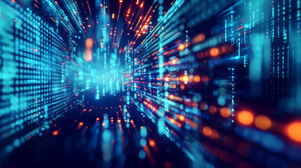 Obraz premium Dynamic digital landscape illustrating advanced cybersecurity and data stream technology in vivid blue tones.