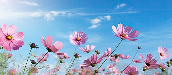 Morning view of pink cosmos flowers against a blue sky with a blurred background providing ample...