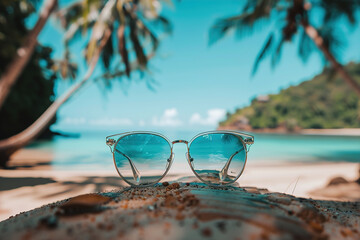 Sun glasses, palm trees and beach landscape with mock up for travel.