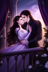 Beautiful fantasy couple, aristocrats, drawing, digital processing, magic, Victorian style, realistic photos, enemies and lovers, night, flowers, castle, garden