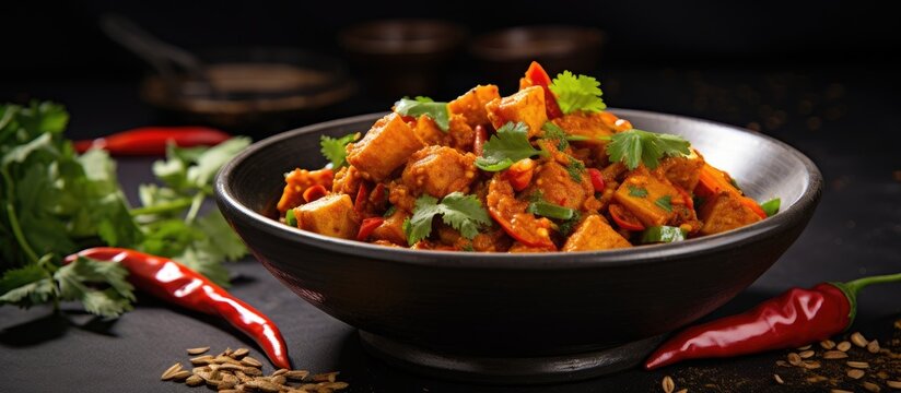 A flavorful dish of stir fried taro roots also known as arbi ki sabji is prepared as a spicy masala curry The dish known as arbi masala is beautifully garnished with coriander red chili and curry lea