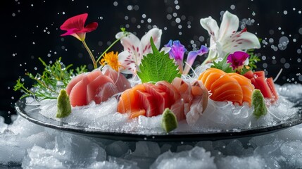 Fresh, thinly sliced seafood like tuna, salmon, and yellowtail arranged artistically on a bed of ice