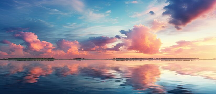 Capture the serene beauty of a softly blurred lake at sunset or sunrise with captivating colors reflecting in the sky complimented by the beauty of clouds casting subtle shadows There is ample copy s