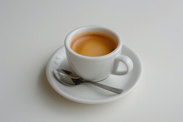 A classic espresso shot with crema in a white cup on saucer with a spoon, against a clean background