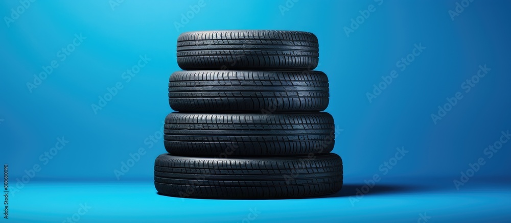 Poster a stack of summer tires and wheels with a blue background offers a new set of wheels with a long bla