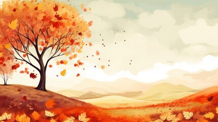 Autumn landscape. Tree with falling leaves, yellow hills, copy space.