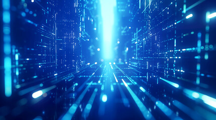 Fototapeta premium Futuristic digital cityscape with glowing blue data stream lines, symbolizing advanced network technology.