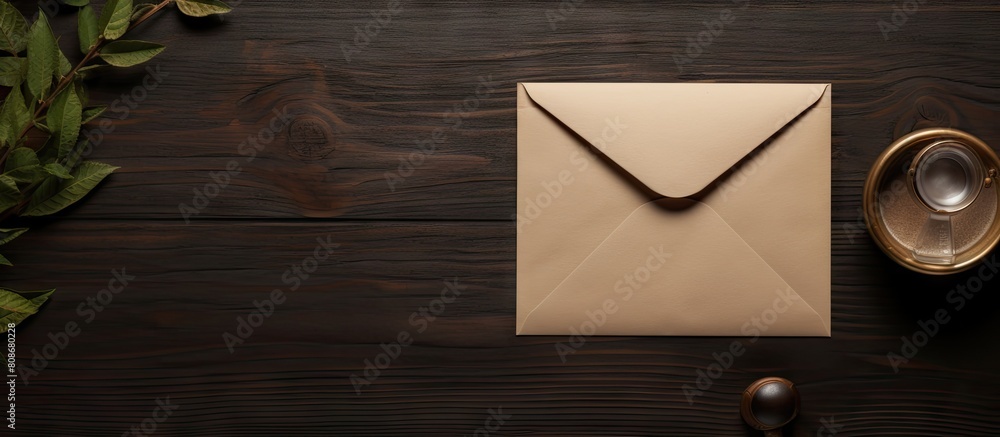 Poster flat lay copy space image of a wooden background with a blank envelope a stamp and a magnifier