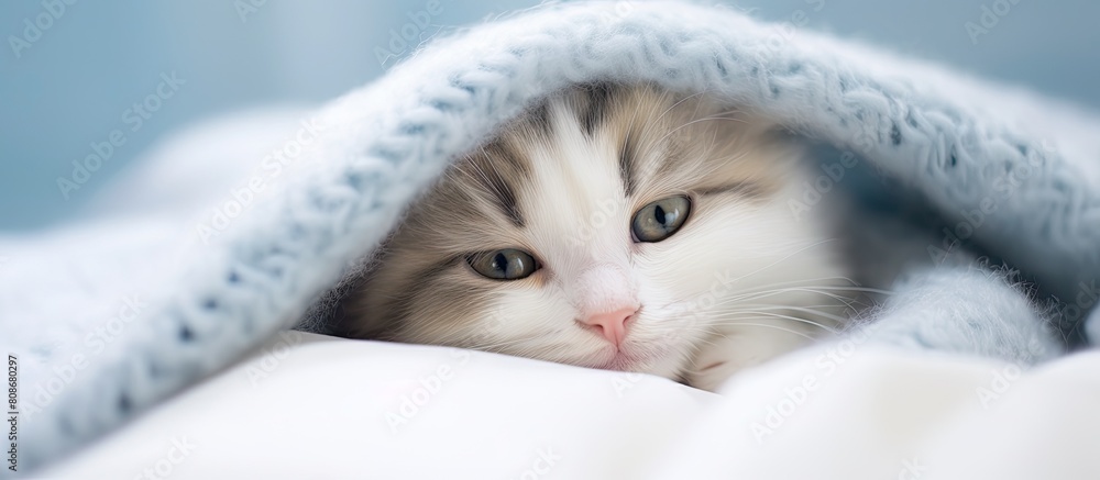 Poster a small adorable kitten unwell and with a thermometer lying beneath a cozy white blanket the viewpoi