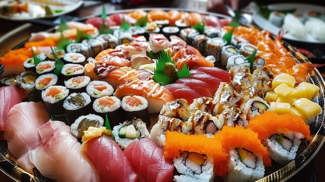 A platter of colorful sushi rolls and nigiri pieces, showcasing the variety of seafood and toppings