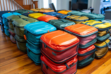 A pile of luggage with many different colors and sizes. The luggage is stacked on top of each...