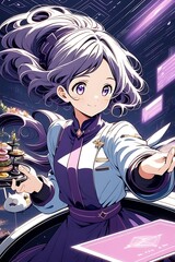 A futuristic restaurant with a anime girl chef plating a dish that seems to defy gravity. 
