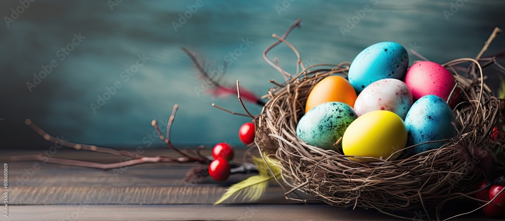 Aufkleber easter themed wicker nest holding colorful painted eggs showcased on a wooden table with plenty of b