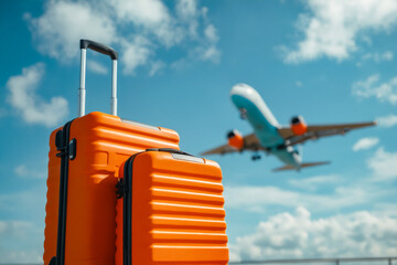 Two orange suitcases are sitting on the ground next to an airplane. The sky is blue with some clouds. Scene is that of travel and adventure - Powered by Adobe