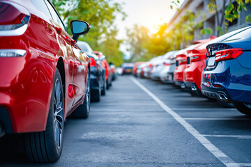A row of cars are parked in a lot, with a red car in the middle. The cars are all lined up, with some parked closer to the camera and others further away. The scene gives off a sense of order - Powered by Adobe