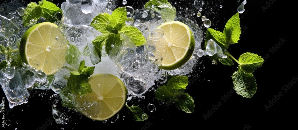 Poster top view copy space image of a tantalizingly refreshing whiskey cocktail adorned with ice mint leave