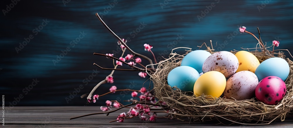 Aufkleber easter themed wicker nest holding colorful painted eggs showcased on a wooden table with plenty of b