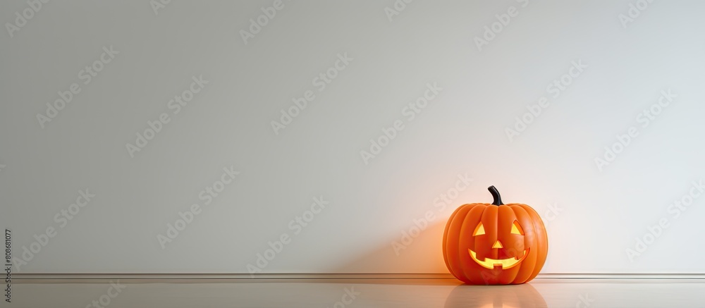 Poster a small plastic toy pumpkin with led lights set against a white wall with plenty of empty space in t