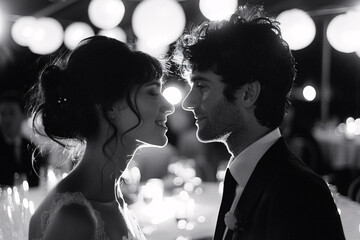A timeless, high-contrast black and white image capturing the back view of an elegant couple at a sophisticated wedding event setting, faces blurred