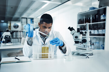 Man, vial or scientist in laboratory for science innovation, life expectancy and antiaging...
