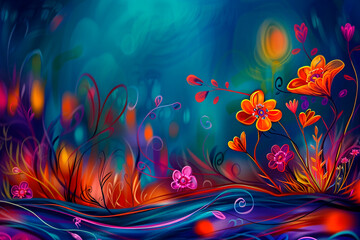 Digital artwork features vivid and whimsical flowers with swirling patterns on a surreal and magical blue background