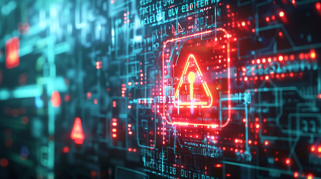 Dynamic digital cybersecurity alert concept with glowing warning icons in blue and red hues.