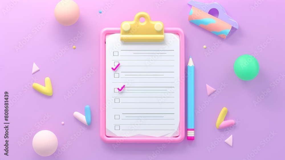 Poster illustration showing a 3d checklist on a clipboard. a white paper sheet and a writing pencil. a todo