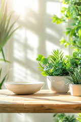 A table with three potted plants and a white bowl. The table is in a room with sunlight coming in from the window