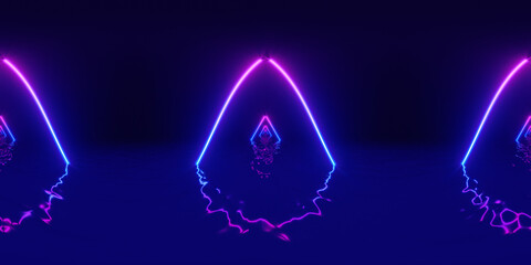 HDRI. Glowing neon lines. Full spherical panorama 360 degrees. Abstract vintage retro background, ultraviolet, spectrum vibrant colors, laser show. 3D render illustration.