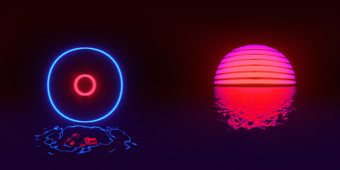 HDRI. Glowing neon lines. Full spherical panorama 360 degrees. Abstract vintage retro background, ultraviolet, spectrum vibrant colors, laser show. 3D render illustration.
