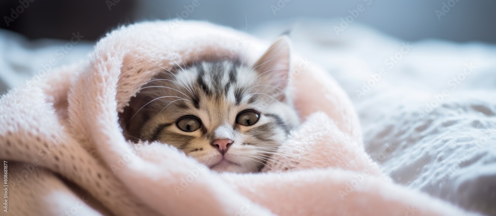 Poster a small adorable kitten unwell and with a thermometer lying beneath a cozy white blanket the viewpoi