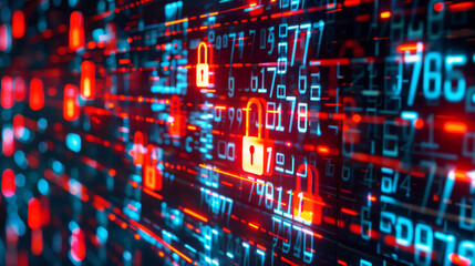 Fototapeta premium Vivid digital depiction of cyber security with glowing padlocks infused in streaming data.