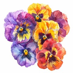 Watercolor painting of a cluster of colorful pansies in shades of purple, yellow, and orange, on isolated white background, Generative AI