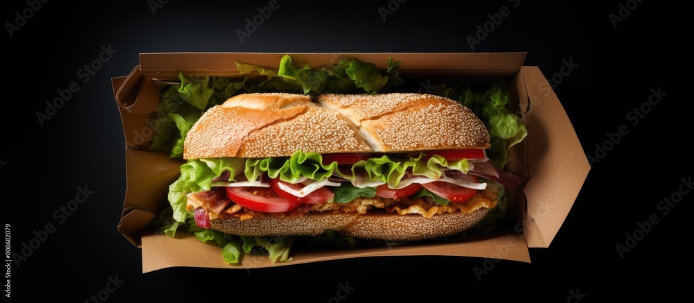 Poster top view of a sandwich in a paper box for take away food set against a black background with ample c