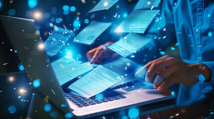 Digital data and cybersecurity concept with a person working on a laptop surrounded by floating graphical user interface elements.