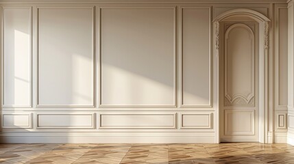 An interior with a beige wall and a closed door with square and rectangular molding stucco panels, an empty room with wooden floors, and an ancient English style house. An authentic 3D modern mockup