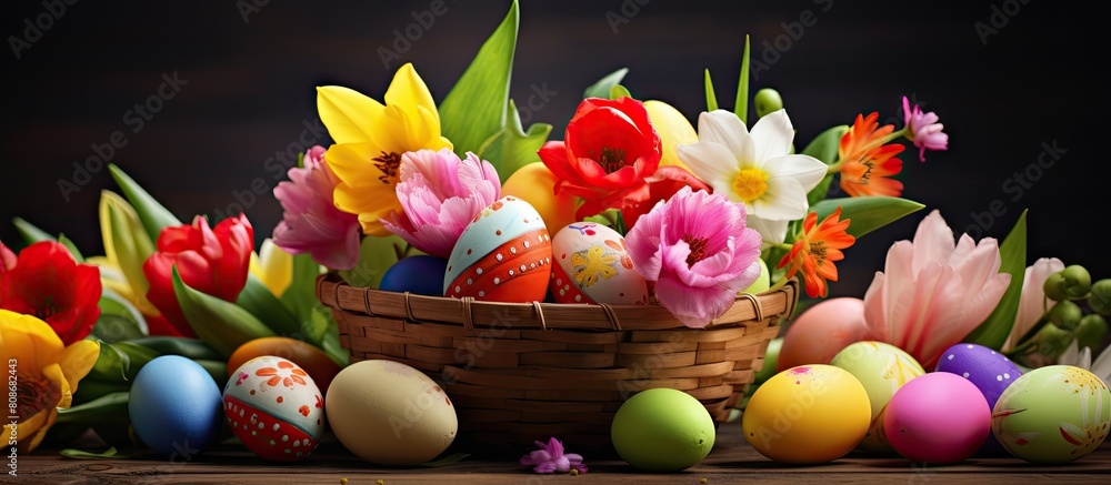 Poster image of a basket filled with colorful easter eggs and adorned with beautiful flowers. copy space im
