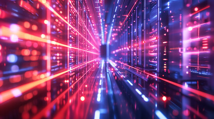Fototapeta premium Futuristic perspective of a cyber data center with glowing red and blue lines symbolizing network connectivity.